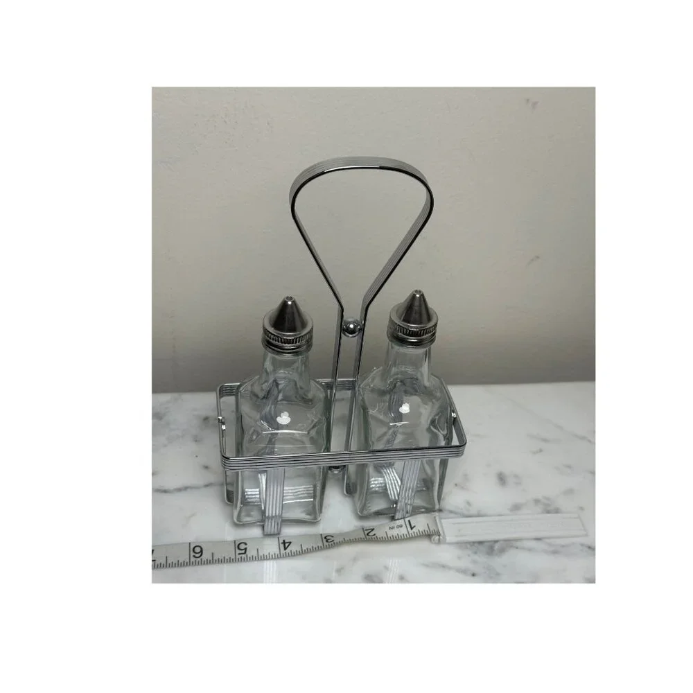 Vintage Oil & Vinegar Cruet Set with Metal Rack Glass Bottles Mid-Century Modern - Picture 7 of 7